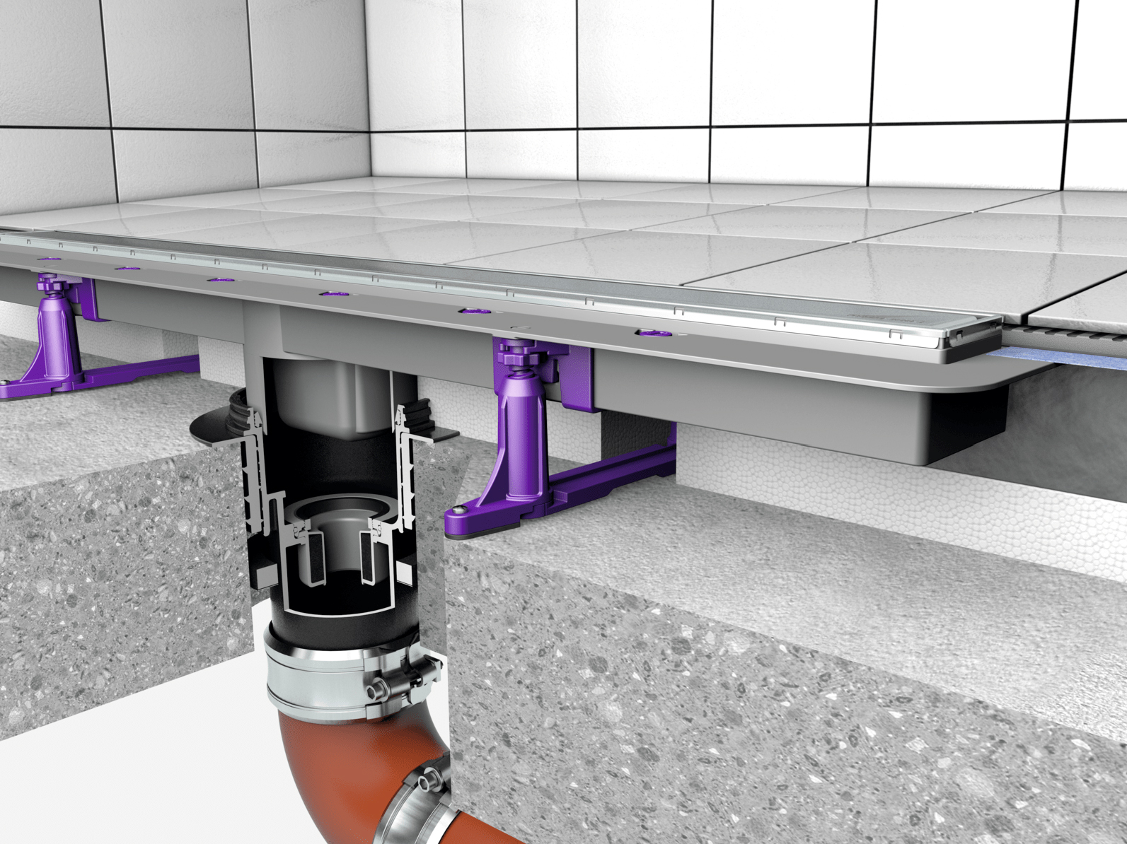 Przedstawienie zabudowy wpustu podłogowego/stropowego Ecoguss z odpływem prysznicowym liniowym Linearis Comfort