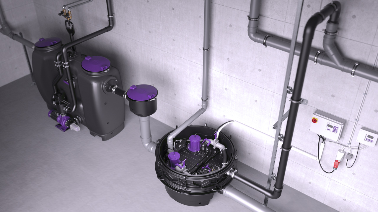 Przykład montażu urządzenia Ecolift XL do zabudowy wolnostojącej za separatorem tłuszczu Przykład montażu urządzenia Ecolift XL do zabudowy wolnostojącej za separatorem tłuszczu