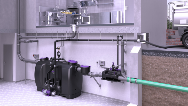 Przykład montażu <em>urządzenia Ecolift L</em> za separatorem tłuszczu Przykład montażu <em>urządzenia Ecolift L</em> za separatorem tłuszczu