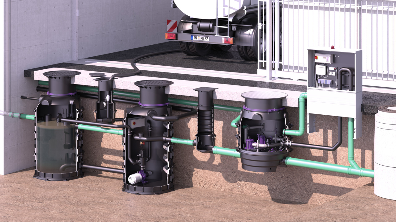 Przykład zabudowy urządzenia Ecolift XL w ziemi za separatorem tłuszczu Przykład zabudowy urządzenia Ecolift XL w ziemi za separatorem tłuszczu