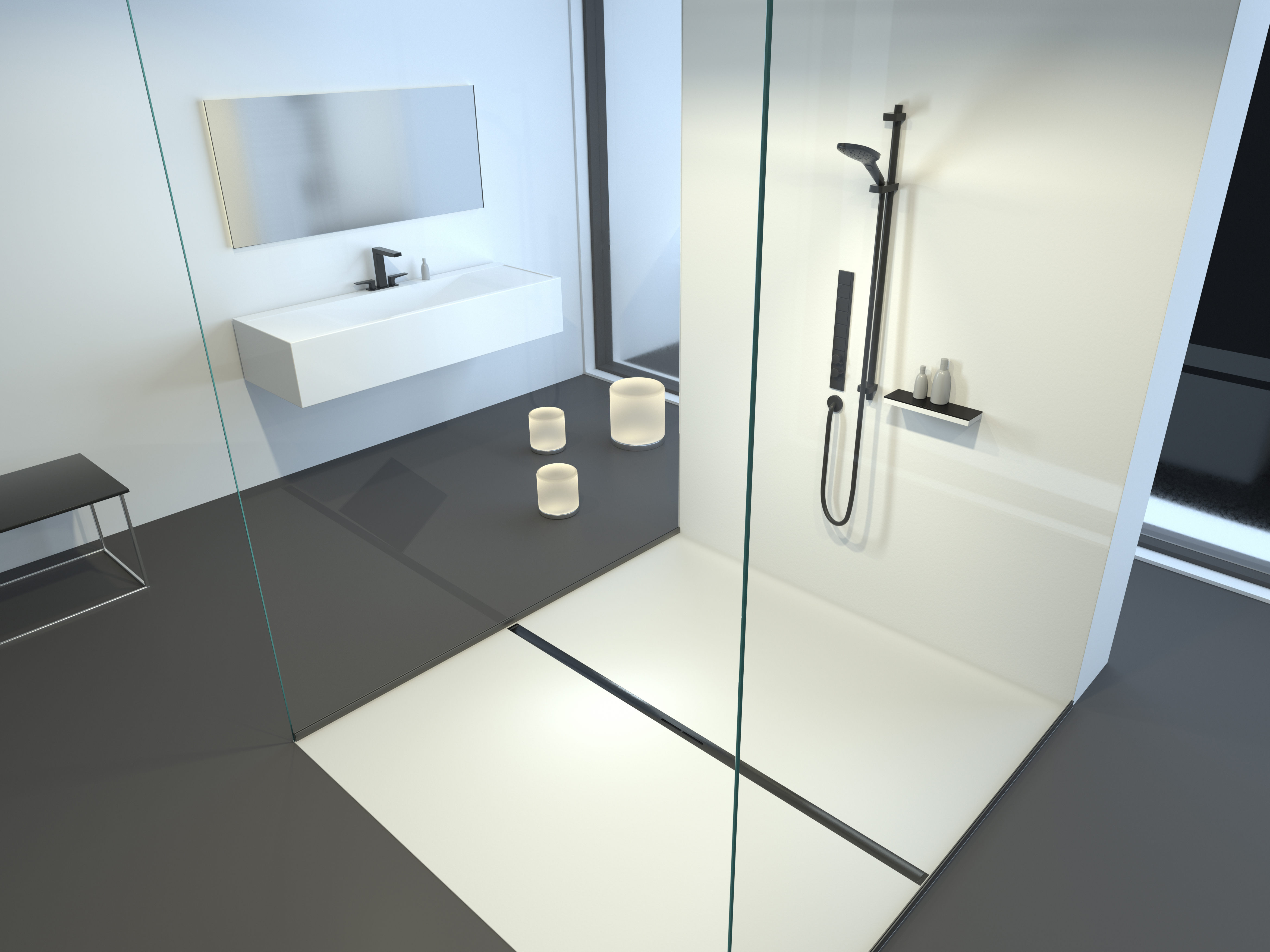 Przedstawienie zabudowy odpływu prysznicowego liniowego Linearis Infinity z powierzchnią szczotkowaną Black w łazience