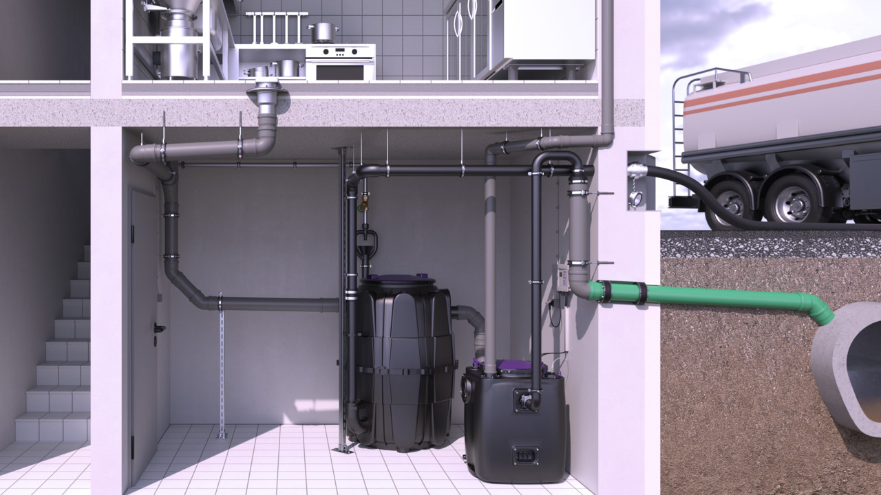 Przykład montażu separatora tłuszczu EasyClean Modular Direct z przepompownią wewnętrzną Aqualift 200 w piwnicy Przykład montażu separatora tłuszczu EasyClean Modular Direct z przepompownią wewnętrzną Aqualift 200 w piwnicy