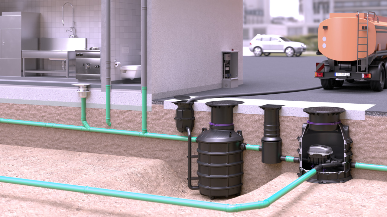 Propozycja montażu separatora tłuszczu EasyClean ground Direct z Pumpfix F w studzience technicznej Propozycja montażu separatora tłuszczu EasyClean ground Direct z Pumpfix F w studzience technicznej