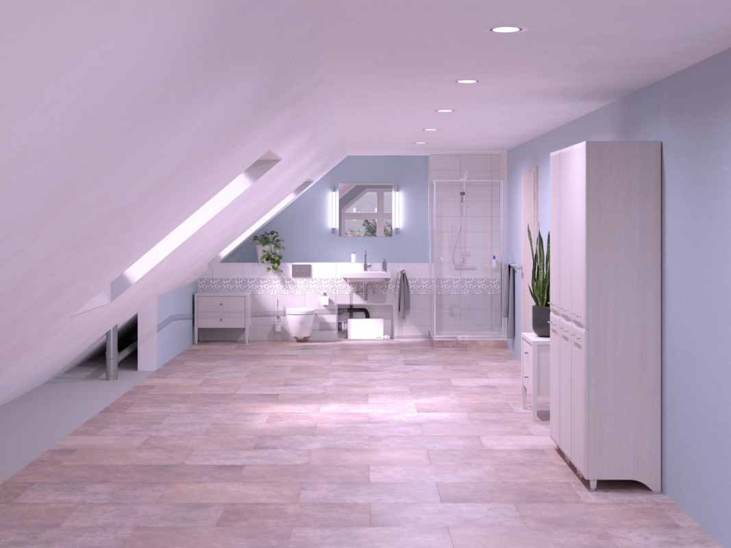 Schemat montażu Małej przepompowni wewnętrznej Minilift L WC w łazience o skośnym suficie, wyposażonej w prysznic, umywalkę i toaletę. Mała przepompownia wewnętrzna Minilift L WC jest zamontowana w szafce.