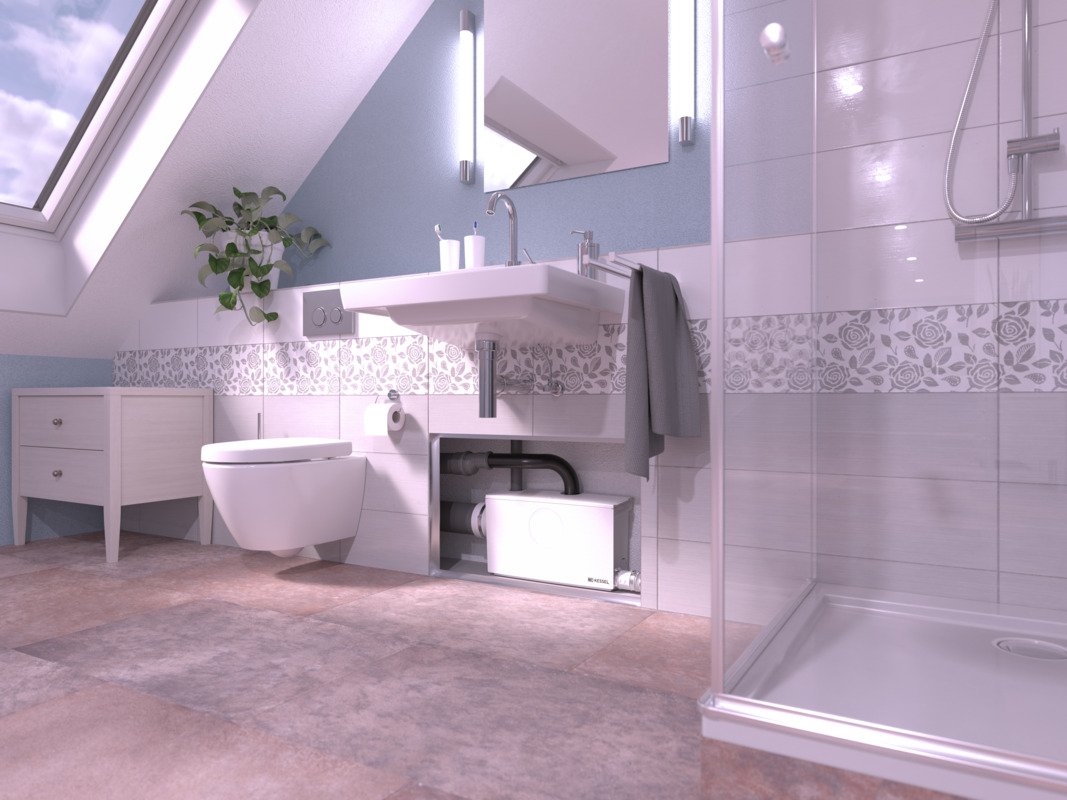 Szczegółowe ujęcie małej przepompowni wewnętrznej Minilift L WC w montażu przedściennym z podłączoną toaletą i prysznicem