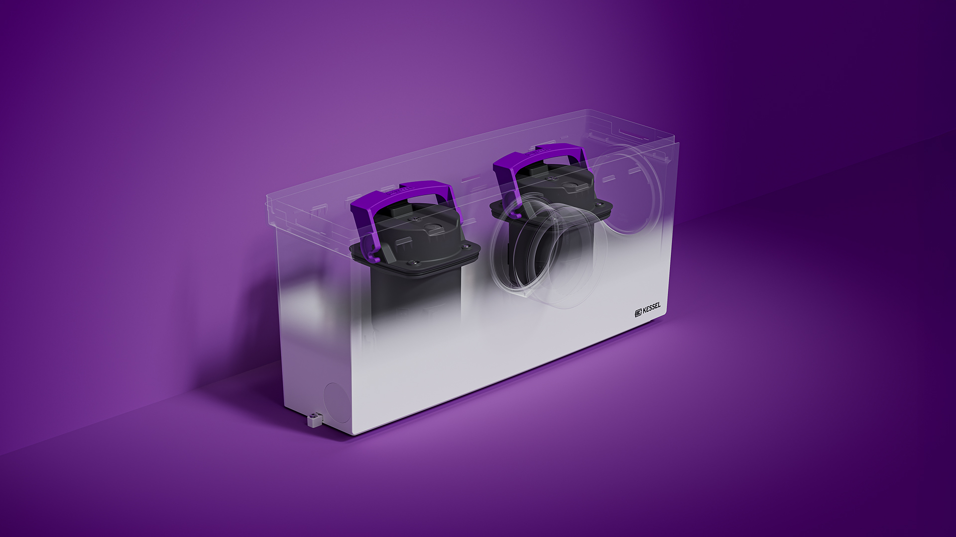 Mała przepompownia wewnętrzna z przezroczystym zbiornikiem urządzenia i widokiem na dwie pompy umieszczone wewnątrz.