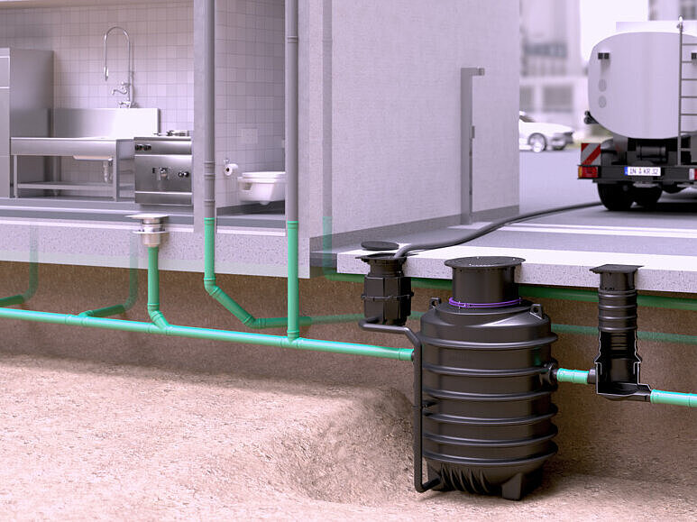 Przykład montażu separatora tłuszczu EasyClean ground w systemie odprowadzania ścieków Przykład montażu separatora tłuszczu EasyClean ground w systemie odprowadzania ścieków