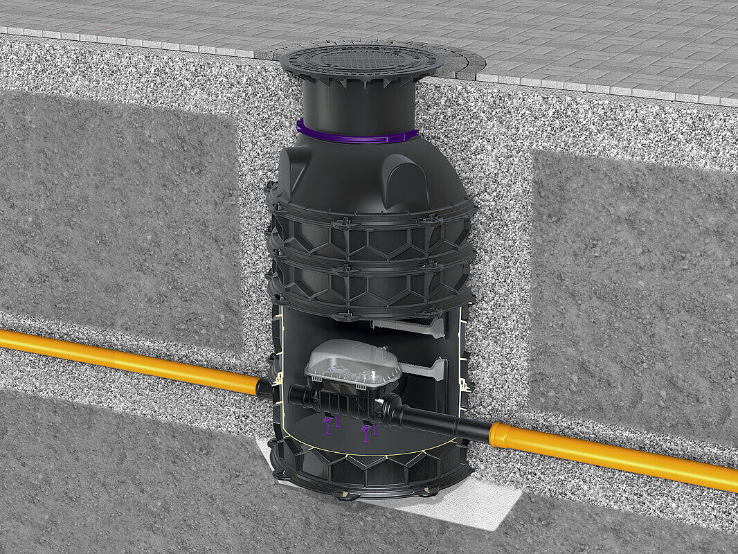 Ilustracja zabudowy modułu technicznego studzienki przeciwzalewowej z Controlfix i studzienki technicznej LW 1000