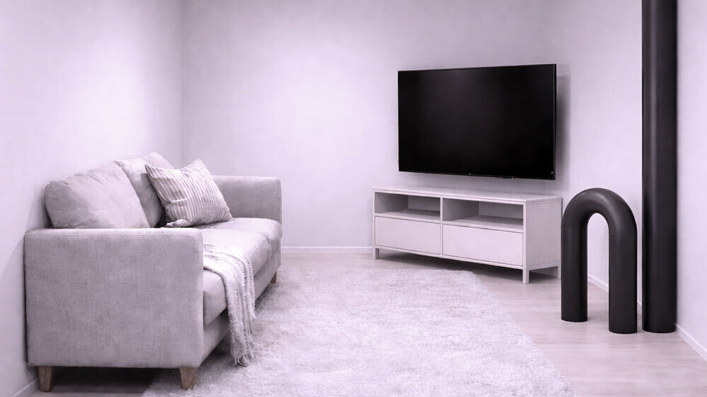 Przedstawienie przestrzeni mieszkalnej Schematyczny rysunek salonu, w którym z podłogi wystaje kilka rur, co zmniejsza powierzchnię użytkową.