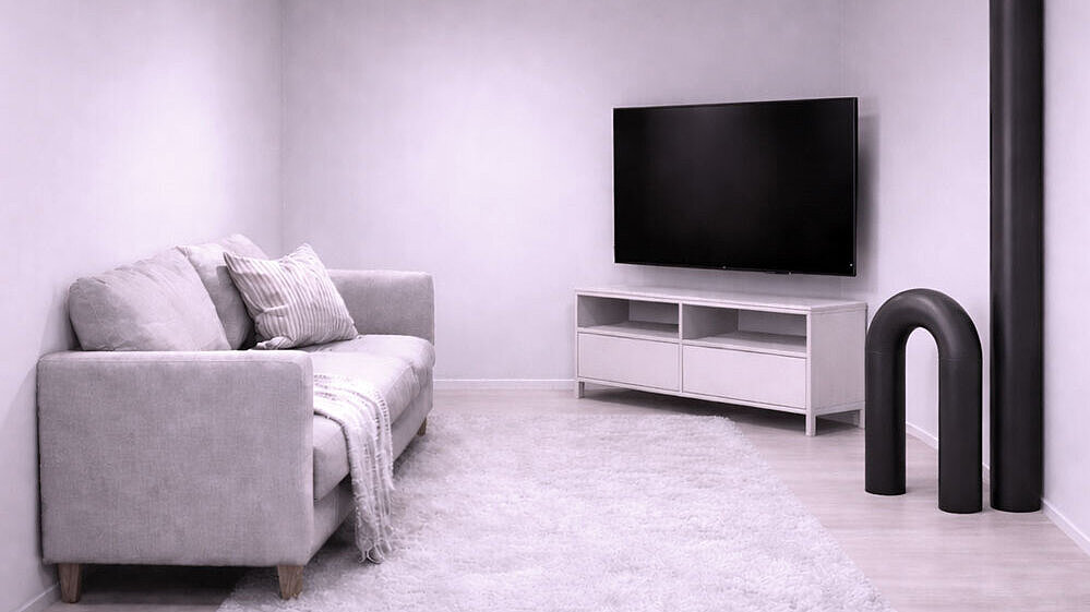 Schematyczny rysunek salonu, w którym z podłogi wystaje kilka rur, co zmniejsza powierzchnię użytkową.