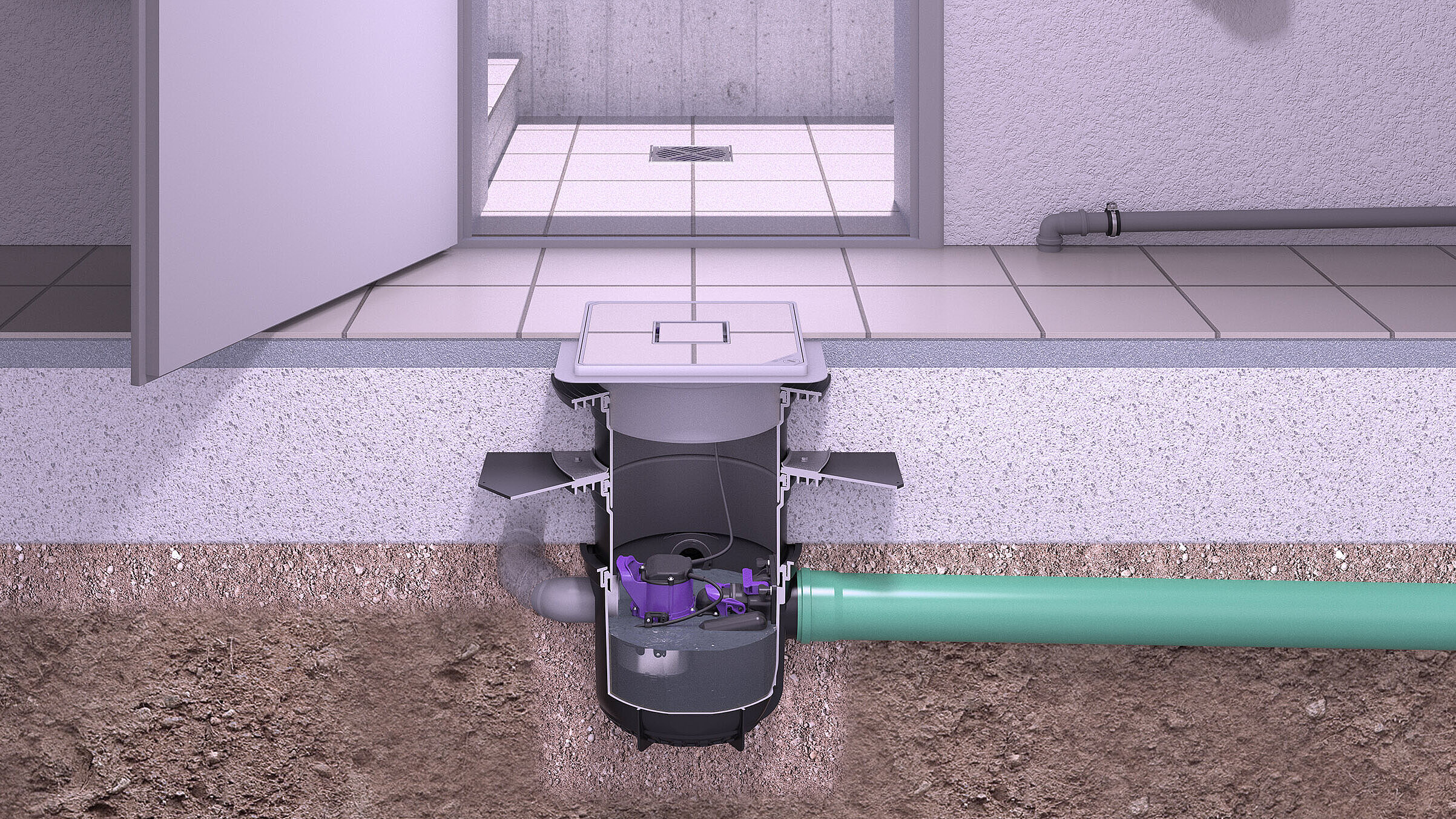 Przedstawienie zabudowy wpustu piwnicznego Pumpfix S Underfloor z dopływami z innych punktów odpływu Przedstawienie zabudowy wpustu piwnicznego Pumpfix S Underfloor z dopływami z innych punktów odpływu