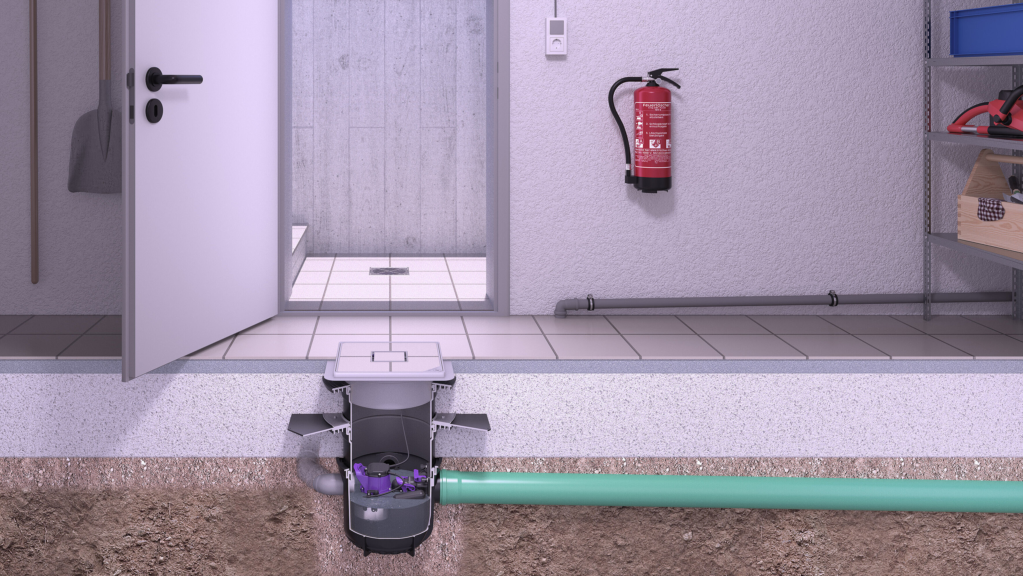 Propozycja montażu wpustu piwnicznego Pumpix S Underfloor w piwnicy magazynowej Propozycja montażu wpustu piwnicznego Pumpix S Underfloor w piwnicy magazynowej