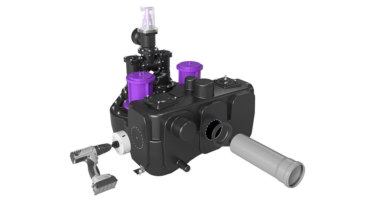 Przepompownia Aqualift F, różne możliwości wywiercenia otworów Przepompownia Aqualift F, różne możliwości wywiercenia otworów