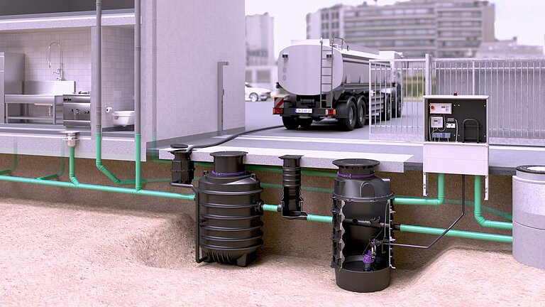 Propozycja montażu separatora tłuszczu EasyClean ground Oval Direct wraz z podłączoną stacją pomp Aquapump XL Duo w studzience technicznej Propozycja montażu separatora tłuszczu EasyClean ground Oval Direct wraz z podłączoną stacją pomp Aquapump XL Duo w studzience technicznej