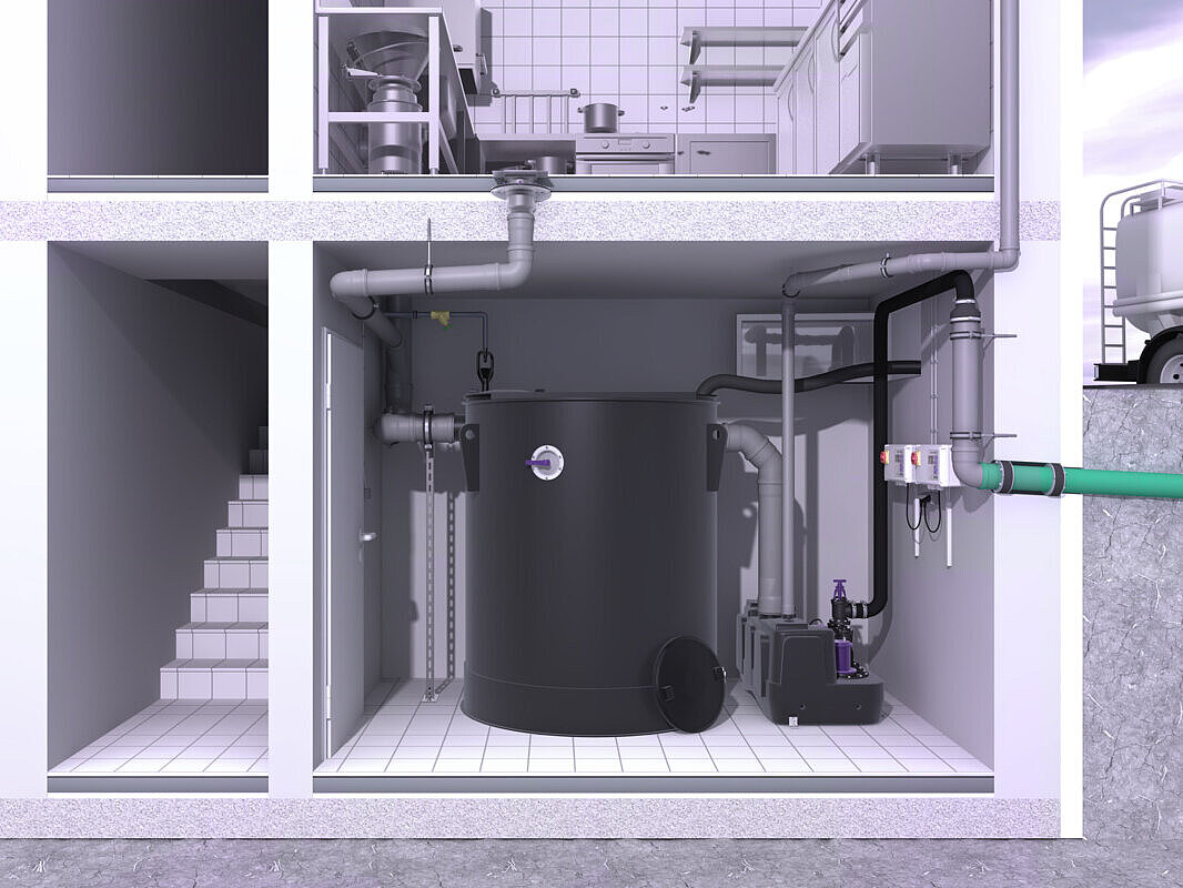 [Translate to Polnisch:] Einbaudarstellung Fettabscheider EasyClean free round Standard