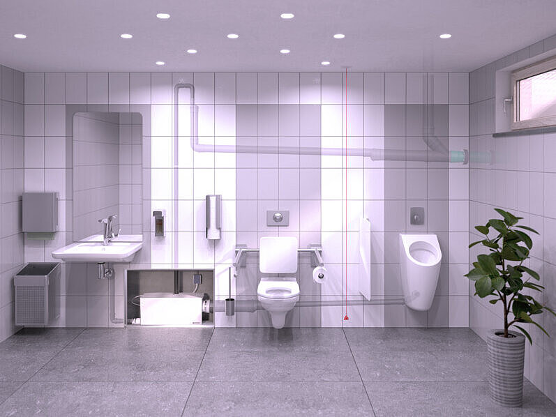 Schemat montażu Minilift L WC Duo Duo Łazienka w piwnicy wyposażona w umywalkę, pisuar i toaletę, z których ścieki odprowadzane są za pomocą Małej przepompowni wewnętrznej.