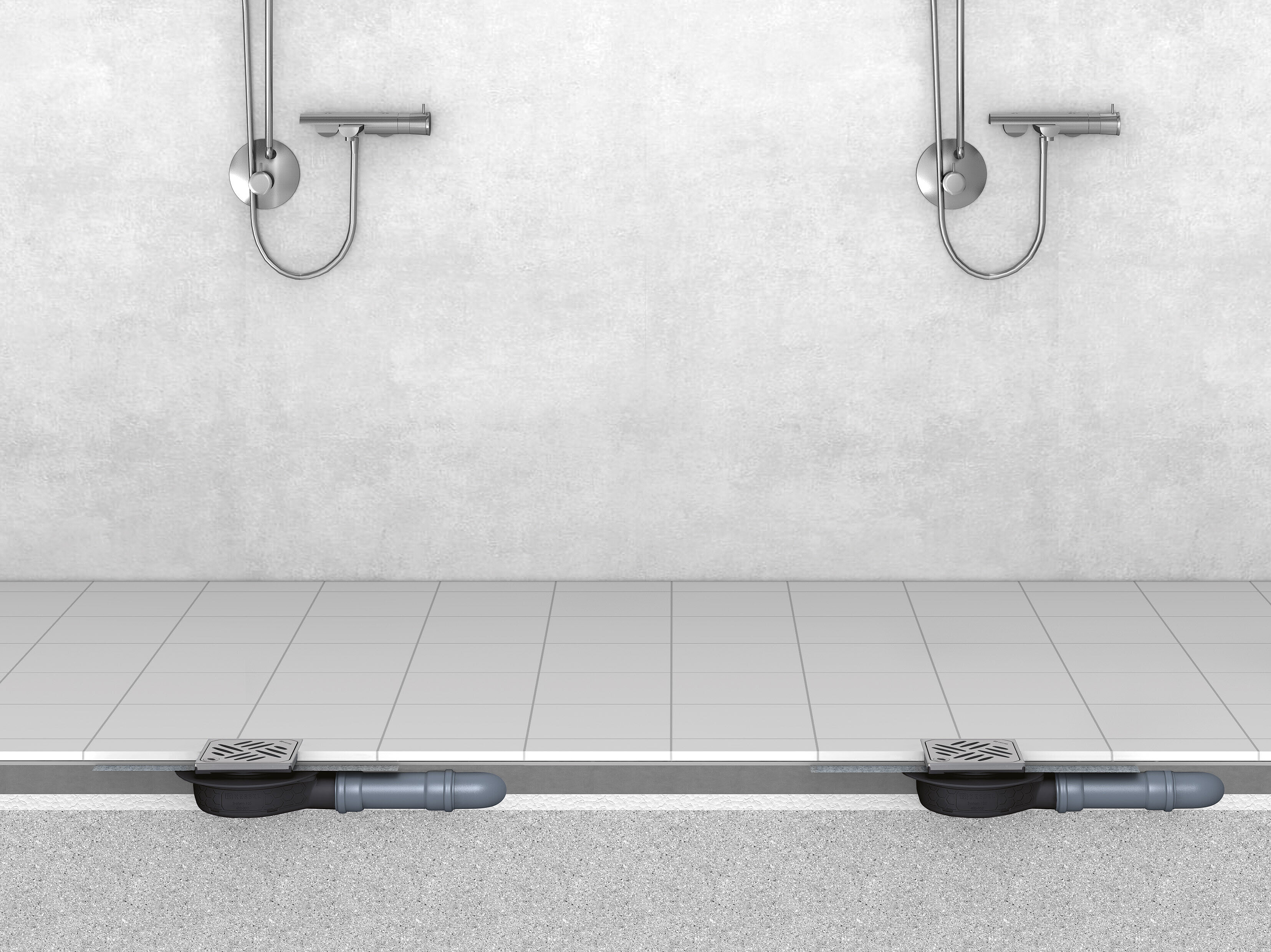 Przedstawienie zabudowy wpustu łazienkowego „Der Ultraflache” z kratką design Kessel i systemem Lock&Lift