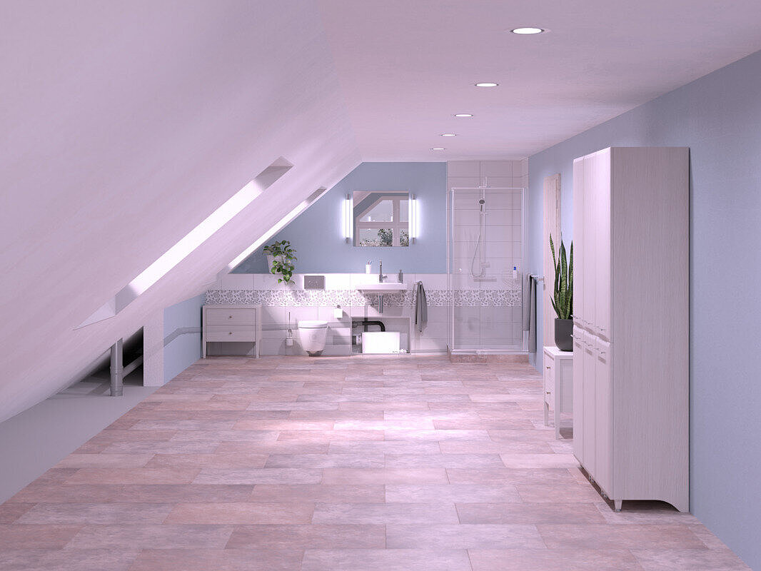 Schemat montażu Małej przepompowni wewnętrznej Minilift L WC w łazience o skośnym suficie, wyposażonej w prysznic, umywalkę i toaletę. Mała przepompownia wewnętrzna Minilift L WC jest zamontowana w szafce.