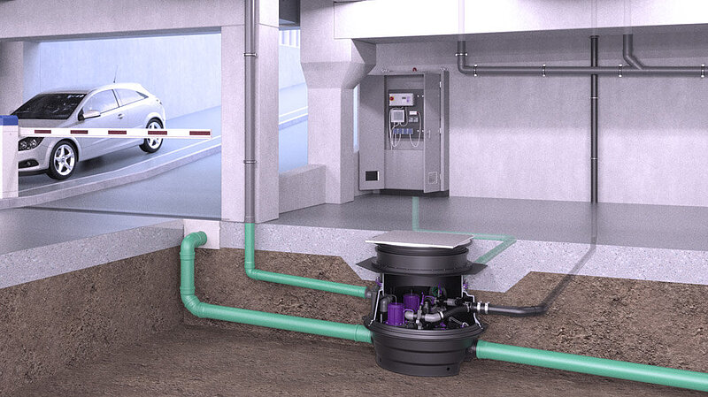 Schemat montażu modułu technicznego Ecolift XL w garażu podziemnym
