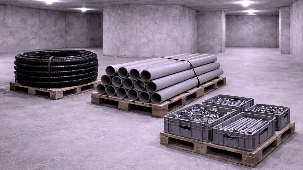 Prezentacja oszczędzająca zasoby Schematyczne przedstawienie piwnicy z różnymi materiałami montażowymi.