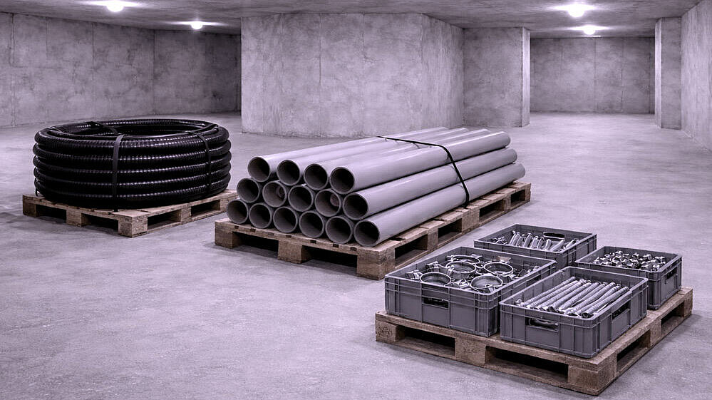 Schematyczne przedstawienie piwnicy z różnymi materiałami montażowymi.