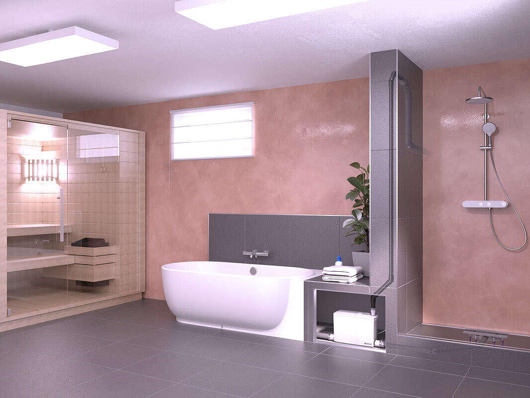 Piwnica z sauną, wanną i prysznicem widziana z innej perspektywy.